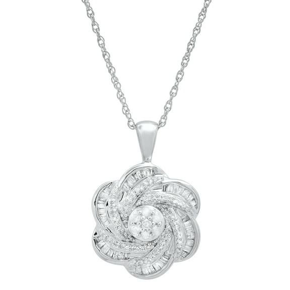 Dazzlingrock Collection Round & Baguette White Diamond Swirl Cluster Flower Pendant for Women with 18 Inch Silver Chain (0.50 ctw, Color I-J, Clarity I2-I3) in 925 Sterling Silver