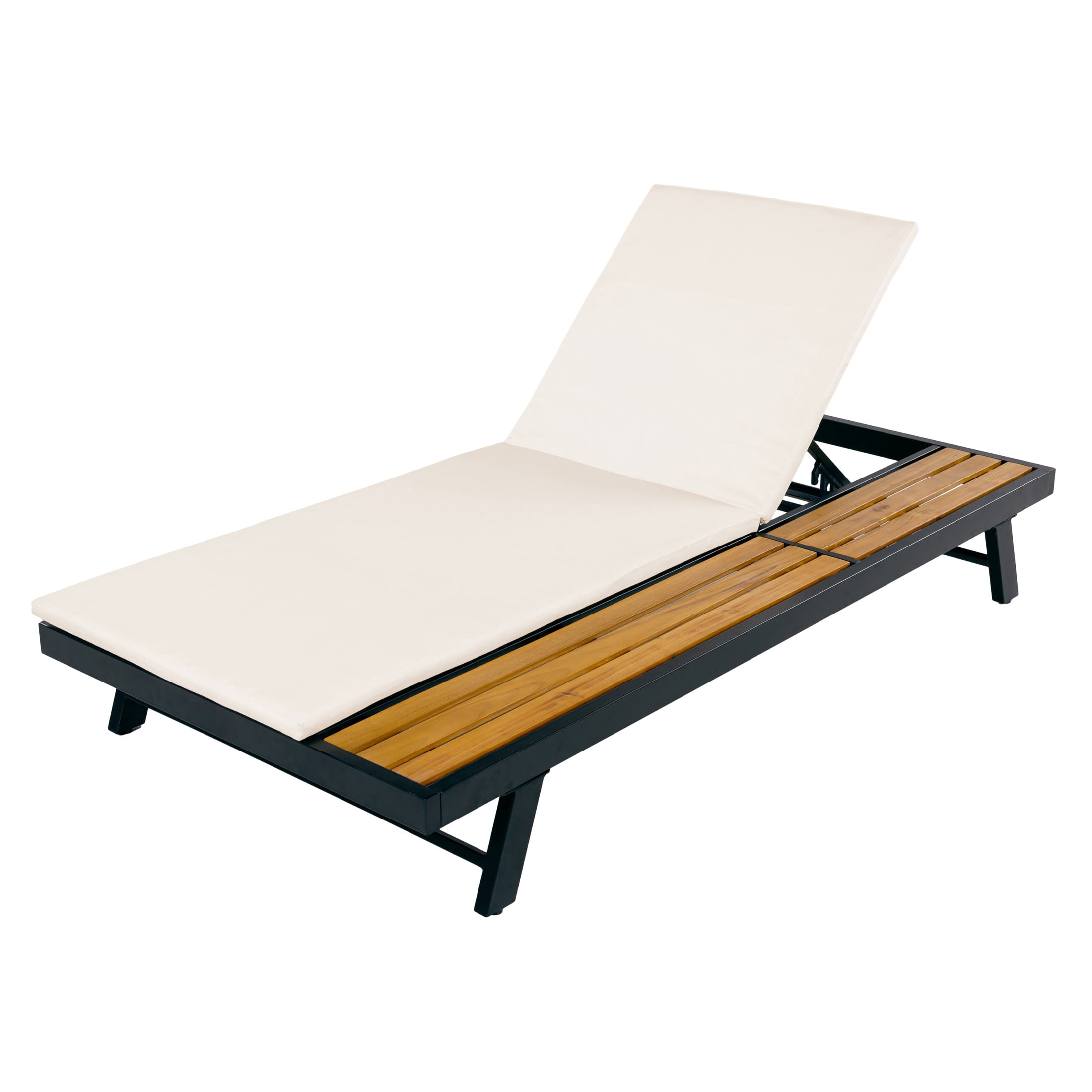 Christopher Knight Home Adjustable Outdoor Iron Chaise Lounge with Cushion, Wood Side Shelf, Black+Cream