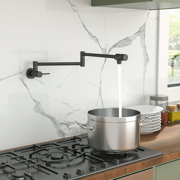 Pot Filler Faucet - Wall Mount Kitchen Sink Faucet Folding Stretchable with Single Hole Two Handles, Matte Black