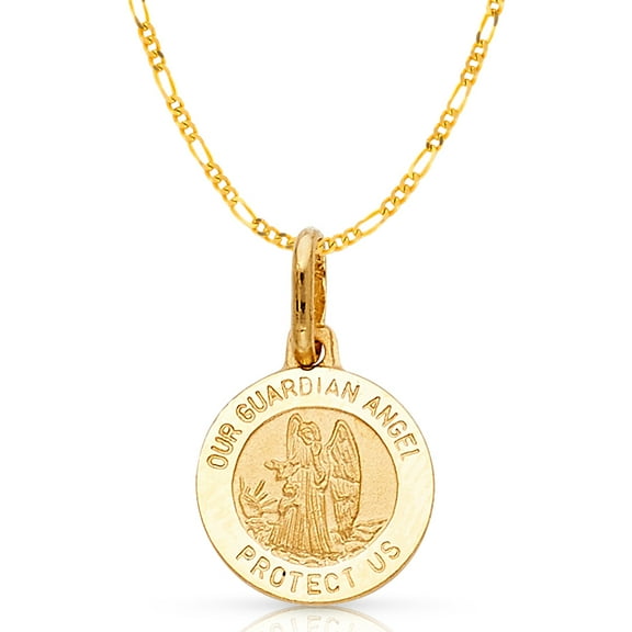 14K Yellow Gold Our Guardian Angel Protect Us Charm Pendant with 1.9mm Figaro 3 1 Chain Necklace - 16"