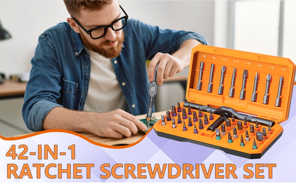 42-in-one magnetic ratchet screwdriver set, [S2 steel] 40-position + T-shaped handle, suitable for home use, automobiles, bicycles, motorcycles, electronic repair - portable tool storage box.