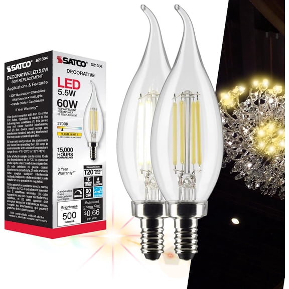 Satco S21304 5.5 Watt CA10 LED Filament Candle Light Bulbs, Flame Tip, Candelabra Base (E12), 90 CRI, 2700K Warm White, 500 Lumens, 120V, Dimmable, Wet Location (2 Pack)