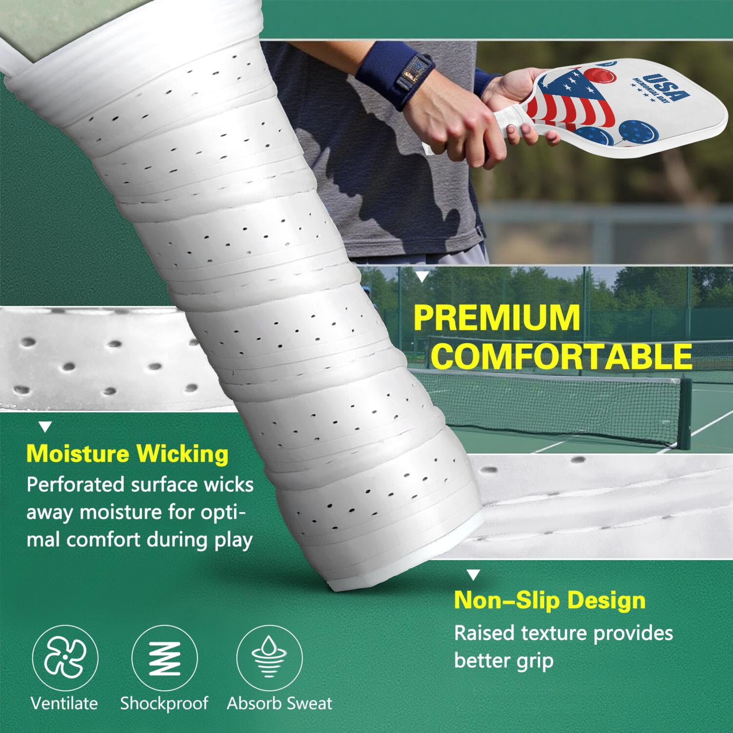 Pickleball Paddles Set Of 2, Fiberglass Surface, USA, Independence Day Print, 4 Balls & Bag