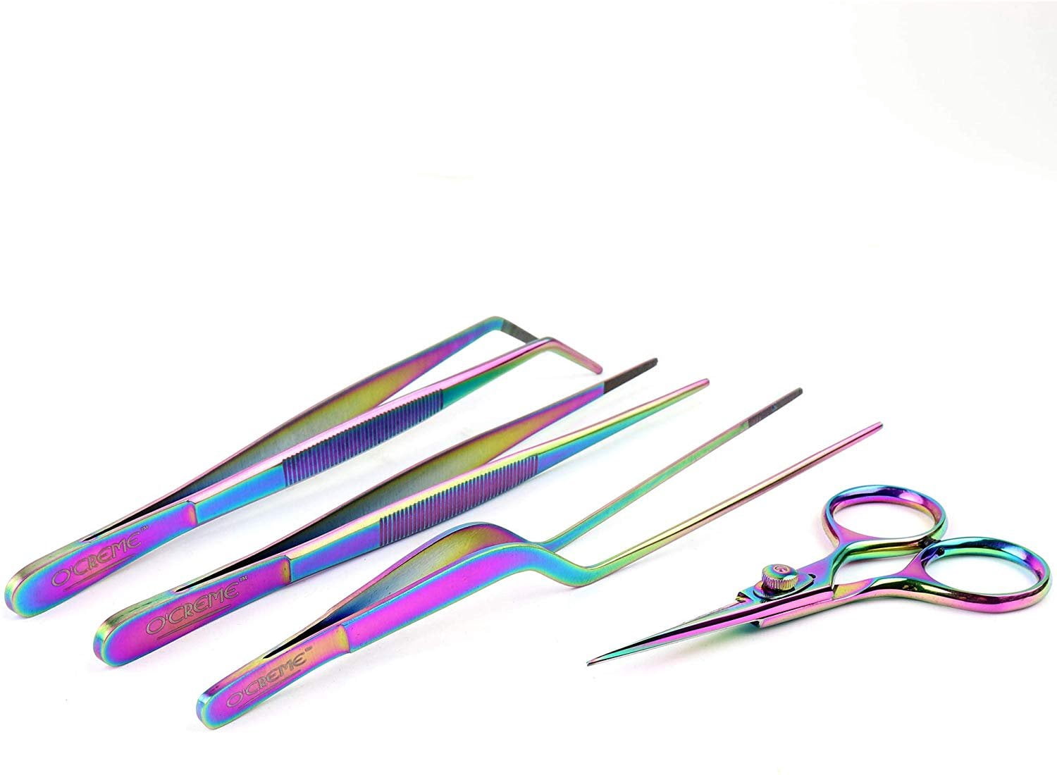 O'Creme Set of Culinary Tweezer Tongs 8 Inch Straight, 8 Inch Offset and 8 Inch Curved, Plus Super Sharp Chef Scissors, Total 4 Pieces Multicolored