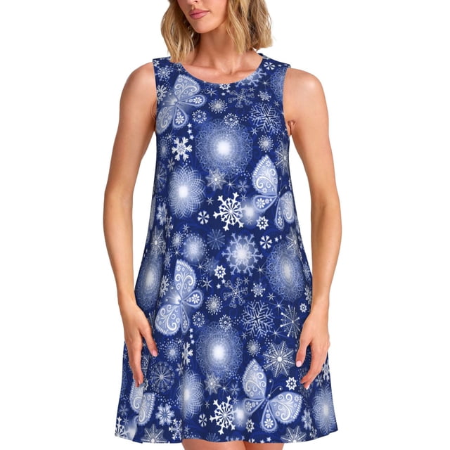 Fotbe Beautiful Snowflake Butterfly Vestido de Verano sin Mangas para Mujer – Vestido Midi Línea A, Estilo Camiseta Floral, Vestido Playero Casual y Fluido