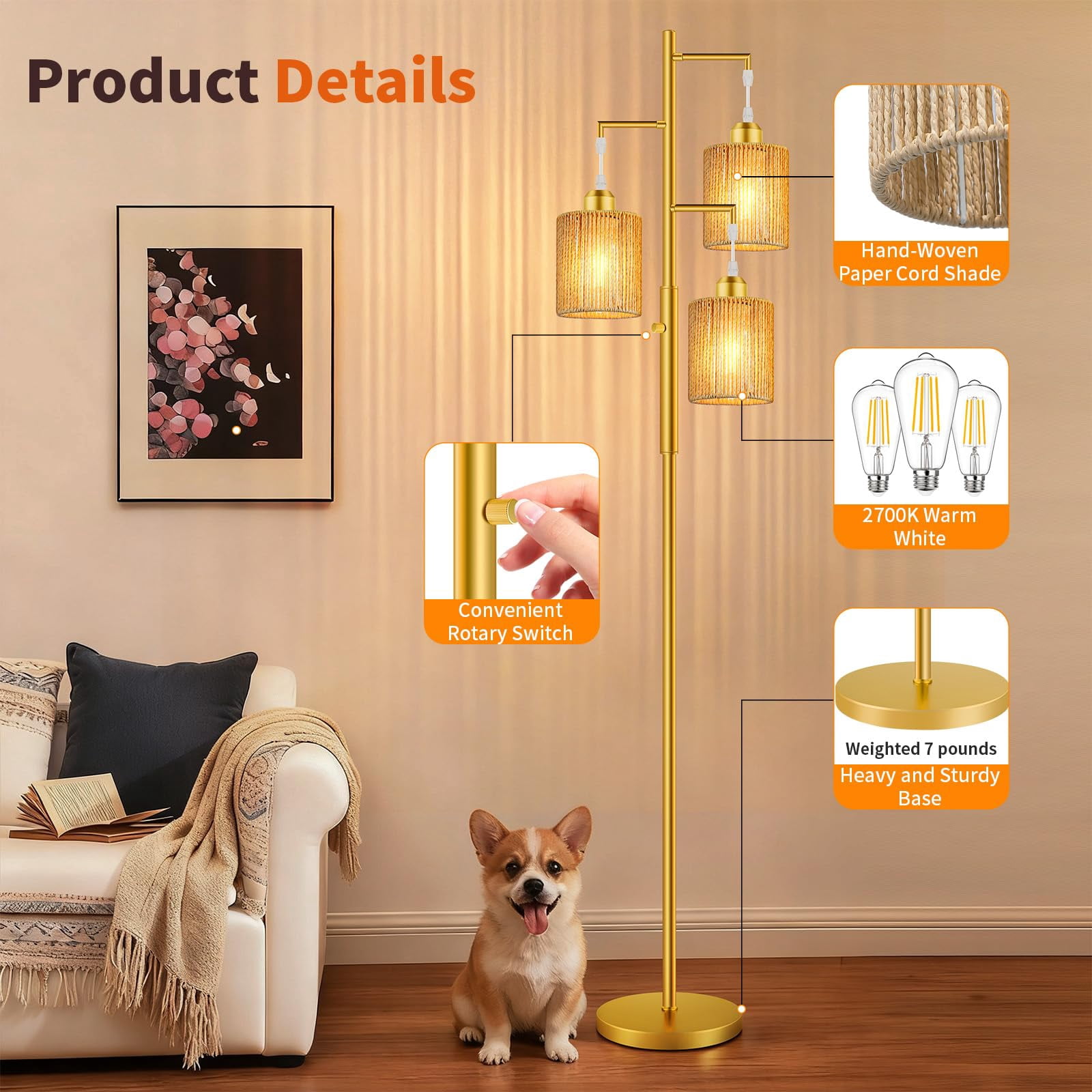 72" Tall Boho Rattan Style Floor Lamp With Hand-woven Paper Cord Shade  Dimmable Industrial Tree Standing For Living Room Bedroom Study Office (3 X 800lm Bulbs Included) -