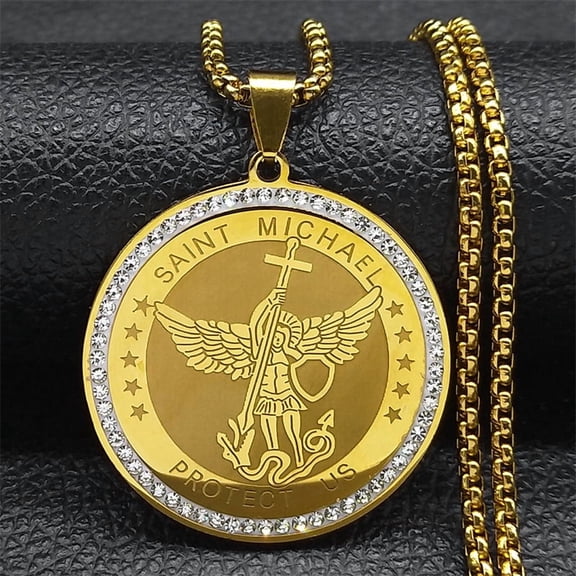 Saint Michael Archangel Medallion Necklace for Women Men 14K Yellow Gold Knight Shield Chain Jewelry colar
