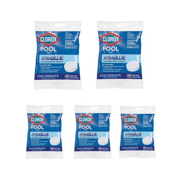tabletas cloradoras Clorox Pool Spa XtraBlue de 3 pulgadas, 5 unidades — cinco bolsas individuales sobre fondo blanco; empaques blanco y azul oscuro con logo Clorox, texto POOL y XTRABLUE y leyendas en español; tabletas estabilizadas para uso semanal, indicadas para skimmer, alimentador o flotador; producto de origen internacional sujeto a regulaciones de importación.