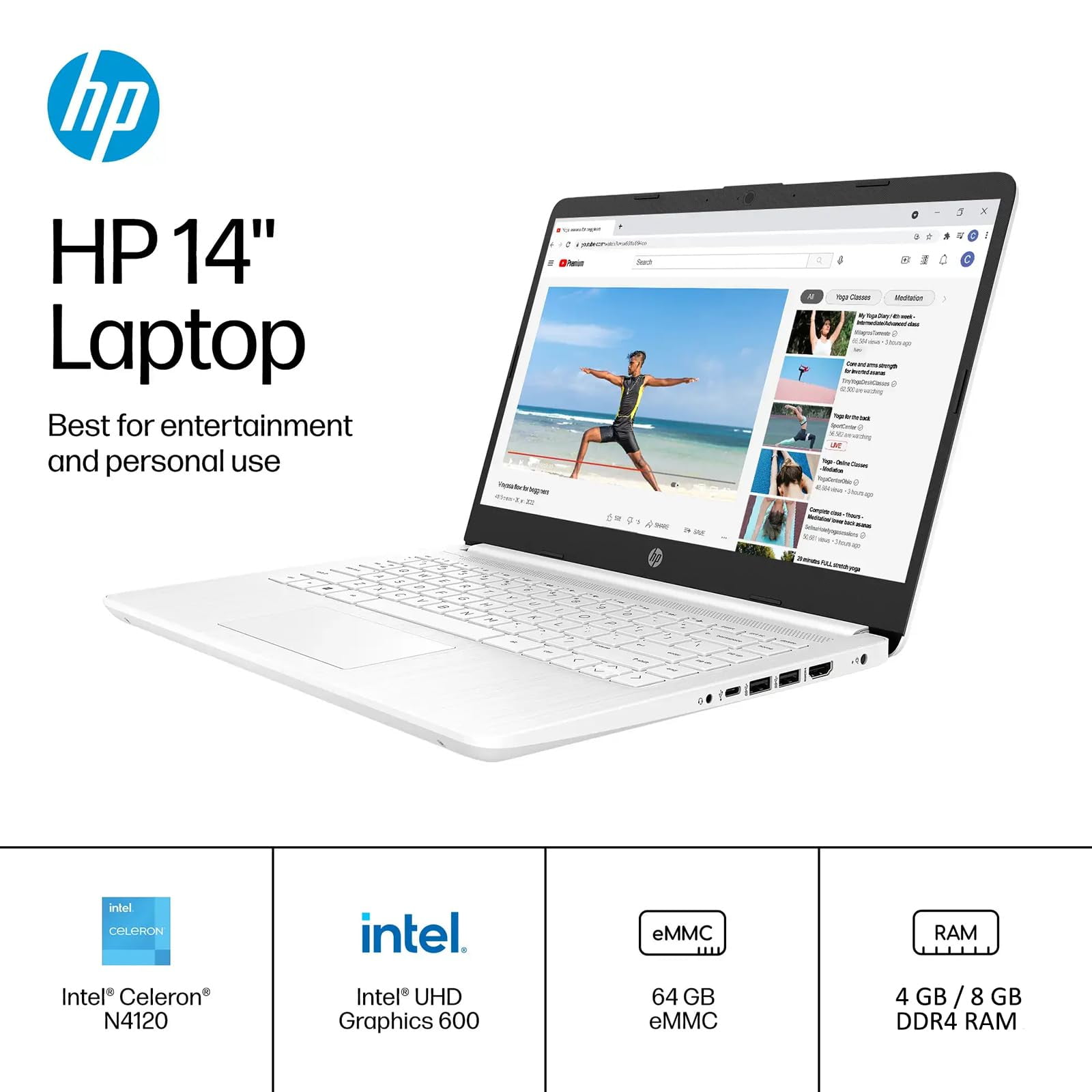 HP 14” Laptop White, Intel Celeron N4120, 4 GB RAM, 64 GB eMMC, Windows 11 S + Office 365 (One Year), 14 inch PC Computer for Kids College Students
