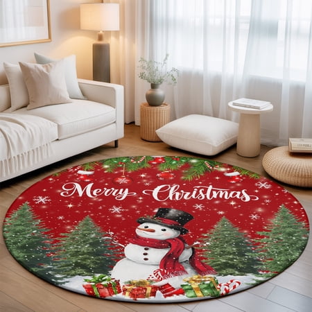Washable Round Area Rug Merry Christmas Snowman Green Pine Tree Circle Rugs Floor Carpet for Living Room Bedroom Winter Snowflakes Red Soft Non Slip Round Rug 3ft