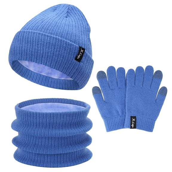 FZ FANTASTIC ZONE Baby Kids Winter Hats Beanie Warm Scarfs Touchscreen Gloves Knit Fleece Neck Warmer Gifts for 4 5 6 7 8 Year Old Girls Boys, Blue