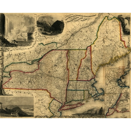 railroad steam boat & stage route map of New England New-York and Canada - 1850 Poster