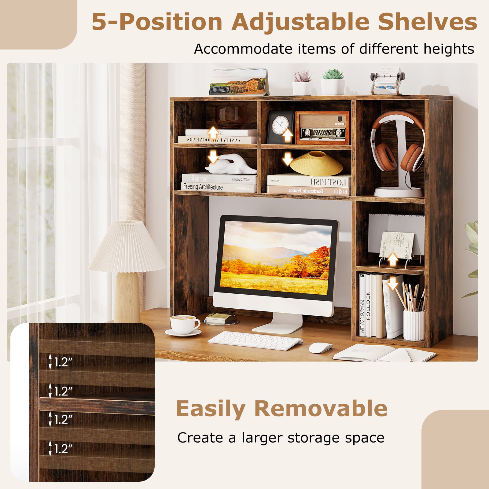Topbuy Desktop Bookshelf 37" Countertop Storage Hutch with 7 Cubes & 3 Adjustable Shelves 3-Tier Desk Display Rack Organizer Desktop Hutch Brown