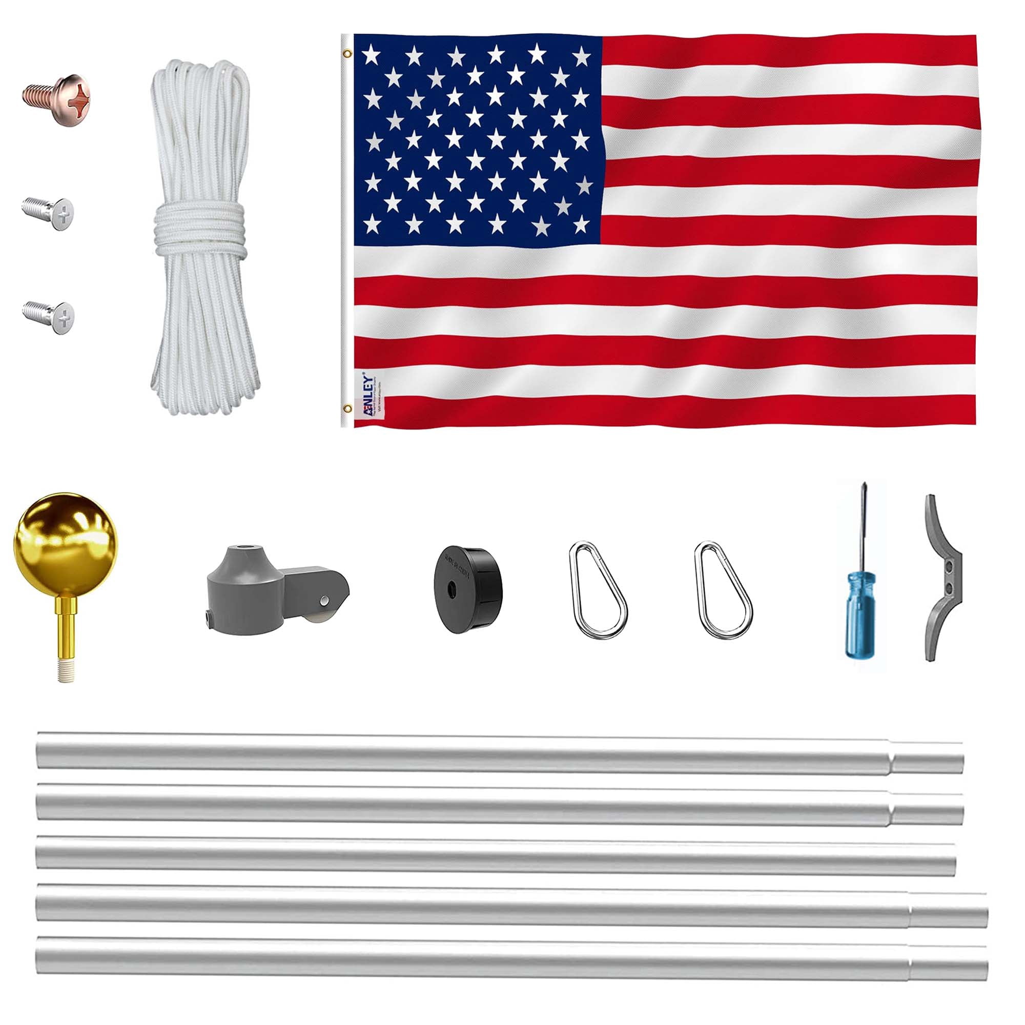 RocVanc 20 ft Aluminum Flag Pole Sectional Flagpole Kit Heavy Duty 3'x5' US Flag, Silver