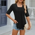 thumbnail image 2 of WREESH Elegant Women's Eyelet Tunic Tops Square Neck Short Sleeve Blouses in Solid Colors Black, 2 of 9