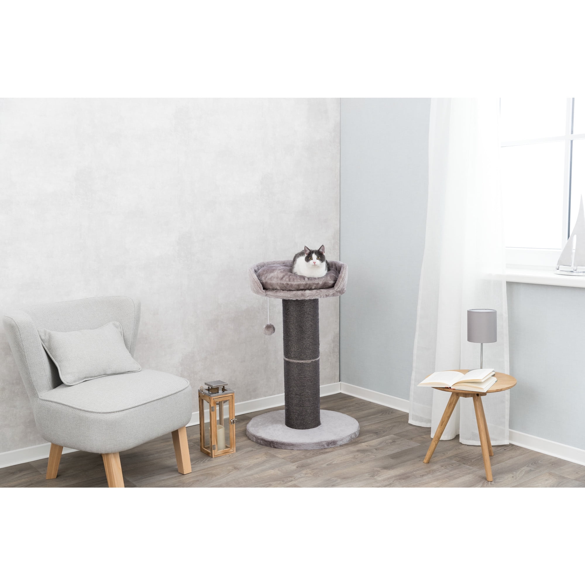 TRIXIE Pepino Sisal 35" Scratching Post with Plush Platform Bed and Dangling Cat Toy, Gray