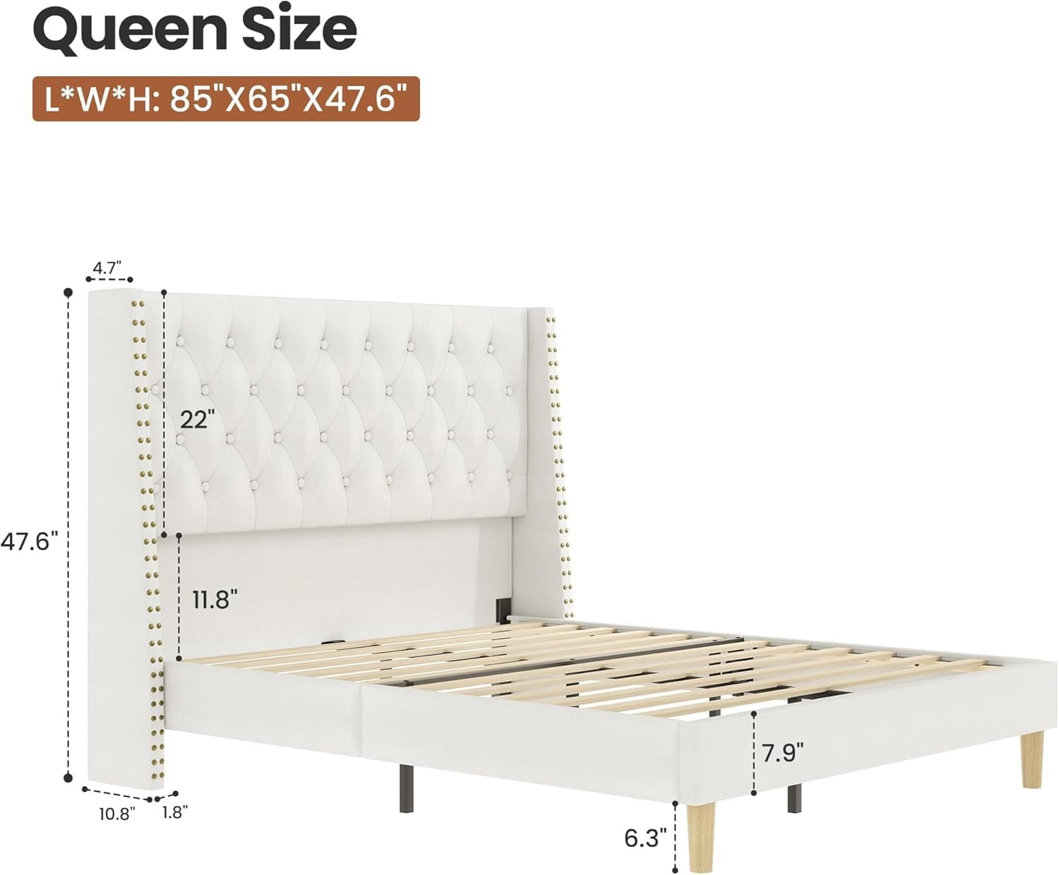 Queen Size White Velvet Upholstered Platform Bed Frame with 47.6" Tall Wingback Tufted Headboard & High Footboard, Gold Nailhead Trim, 1000lbs Heavy Duty Support, No Box Spring Needed