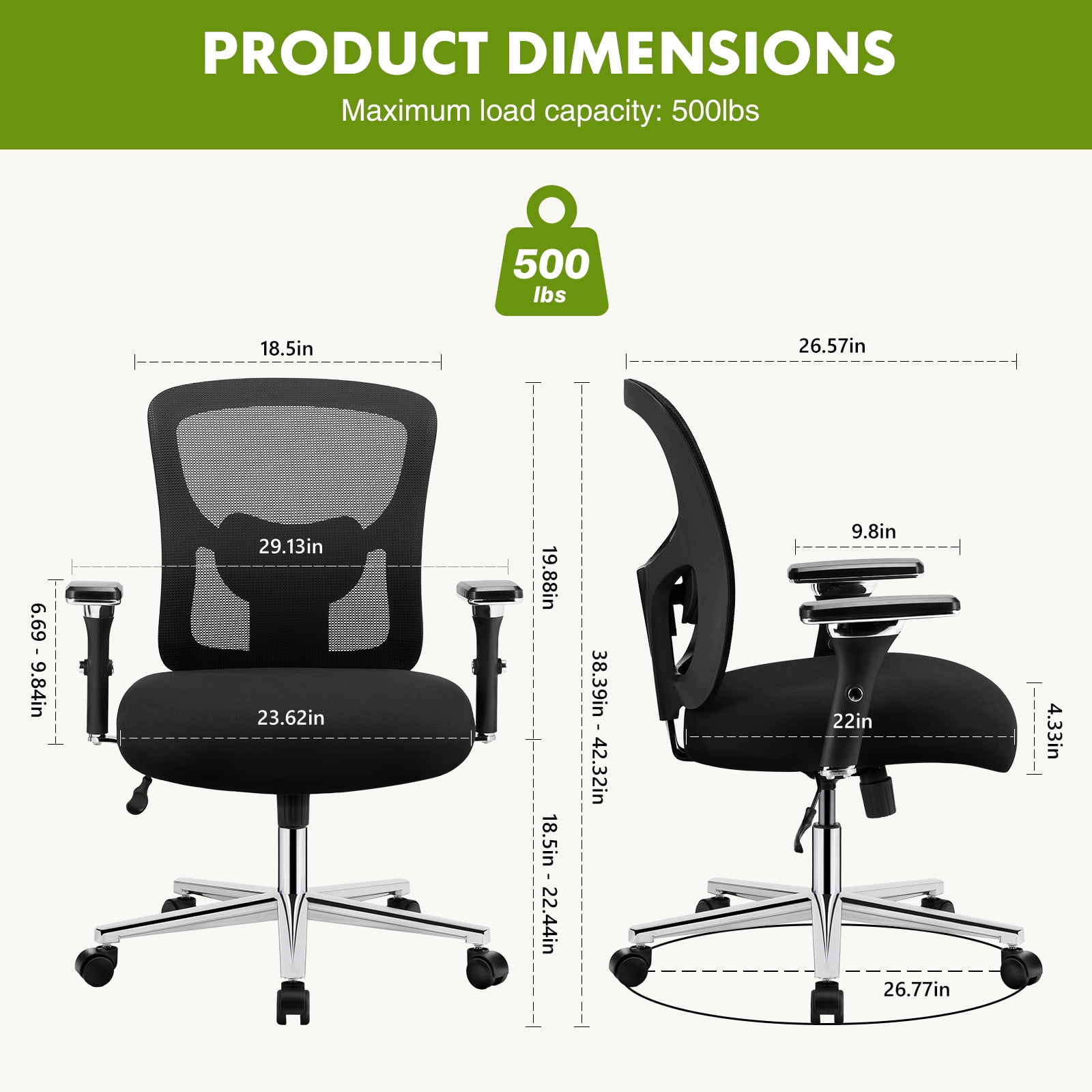 CONCETTA Heavy-Duty Big & Tall Mesh Office Chair, Ergonomic Desk Chair with Lumbar Support, Adjustable 4D Armrests & Adjustable Backrest, Swivel Wheels, 500 lb Capacity — Black