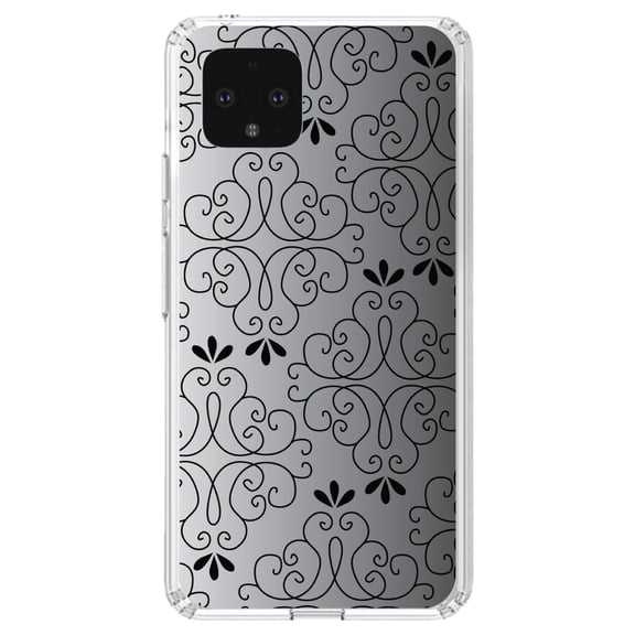 DistinctInk Clear Shockproof Hybrid Case for Google Pixel 4 XL (6.3" Screen) - TPU Bumper, Acrylic Back, Tempered Glass Screen Protector - Black White Fade Black Floral Pattern