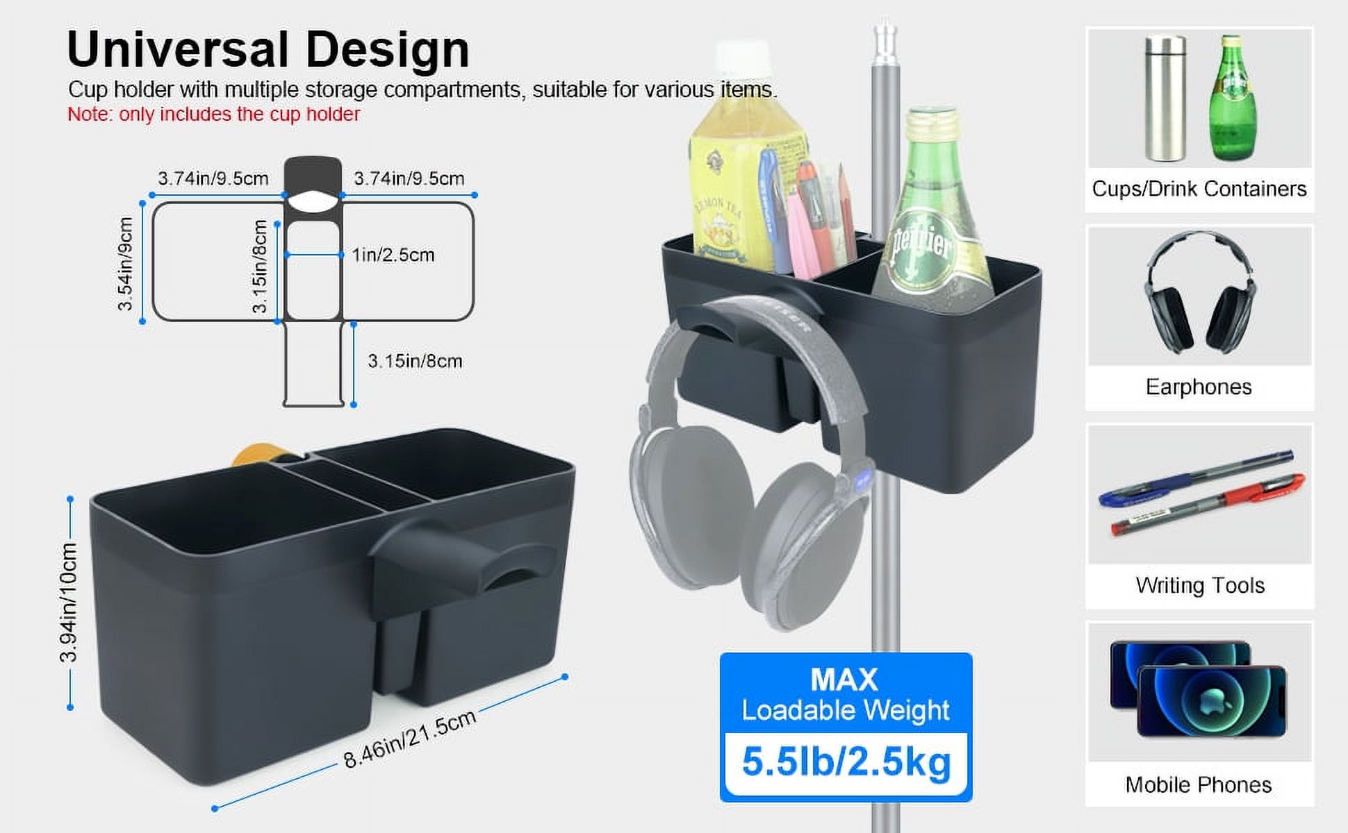 LINCO Universal Microphone Stand with Two Cup Holders, Mic Stand Clamp On Drink Holder, Organizer for Music Concert, Live Streaming, Live Broadcast, Karaoke, Recording –TD610