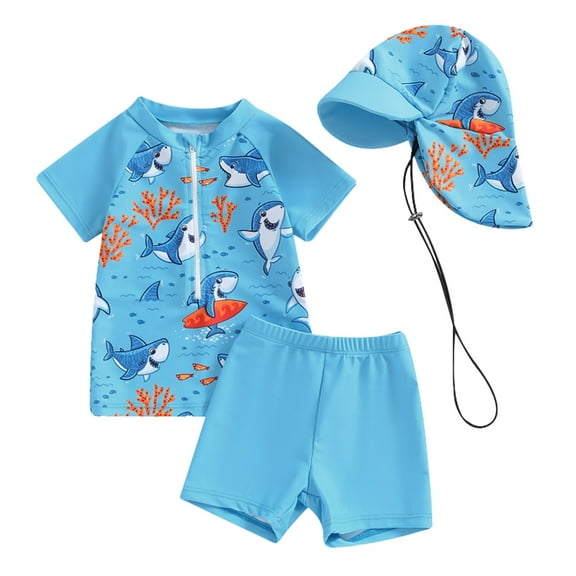 KAOOCXU Girl Boy New Swimwear Stylish Cartoon Printed Short Sleeve O-Neck Top And Bottom Split Swimsuit Sets With Hat Suitable For Diving Surfing