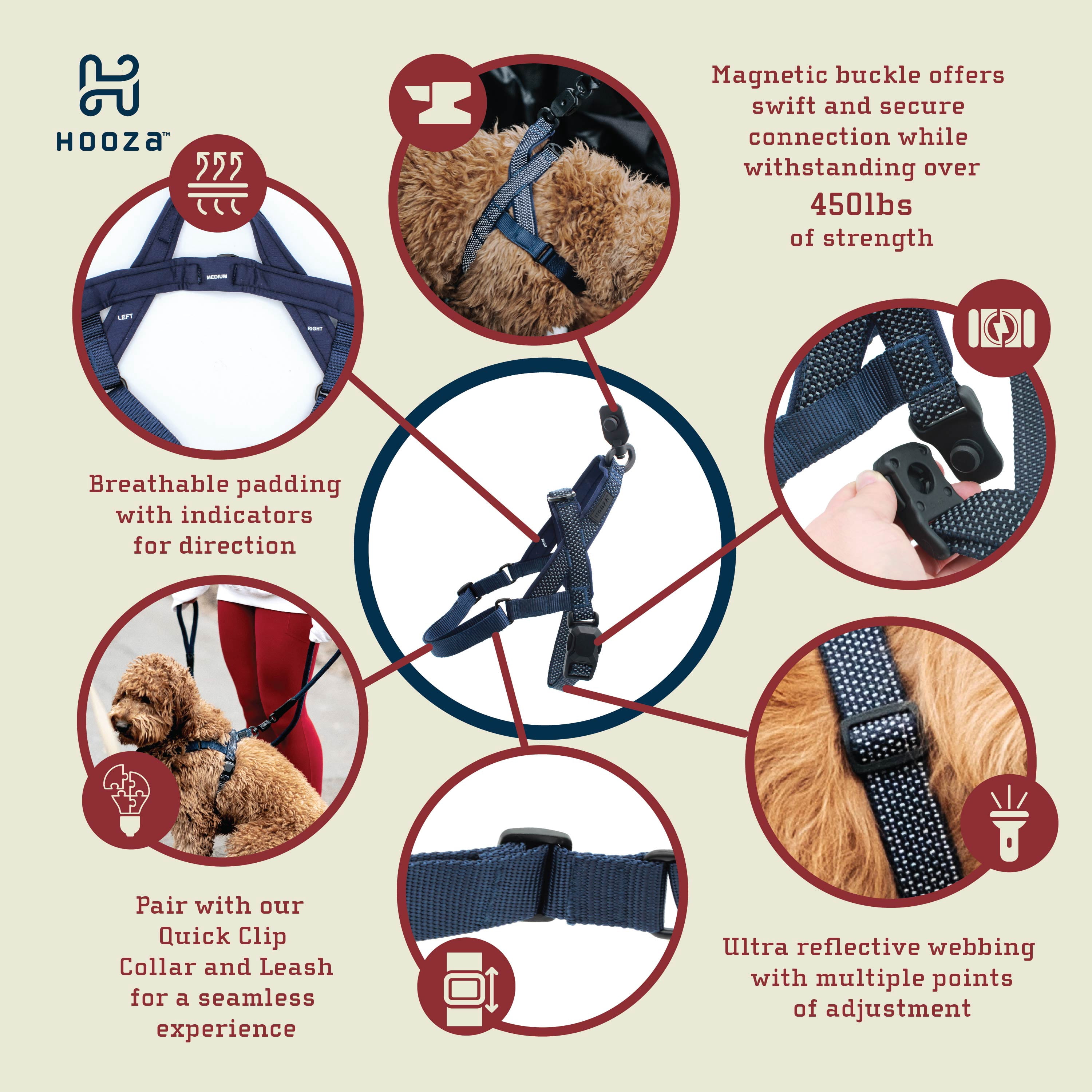 HOOZA Quick Clip Dog Harness & Rope Leash Set, Black Large – Magnetic Buckle, Reflective, Easy Fit