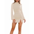 thumbnail image 2 of Vestido de Mujer con Mangas Largas Cruzadas, Volantes, Dobladillo Ajustado, Abertura, Cuello Medio Alto, Falda Corta, Cintura Ajustada. Albaricoque S, 2 of 9