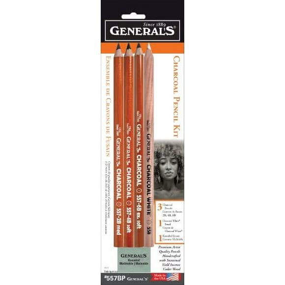 GENERAL'S Charcoal Drawing Set, White/Black, Set of 4 Pencils and 1 Eraser - 321742