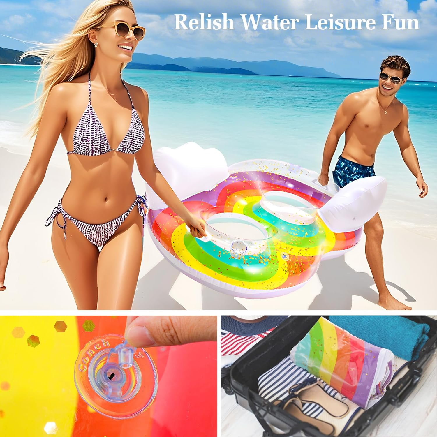 HEY!SPLASH Pool Floats Adult, 2 Seat Inflatable Rainbow Float with Cloud Backrests and Handles, Pool Float with Cup Holders for Family/Friends/Couple, Pool Float Chair for Beaches, Pool Parties