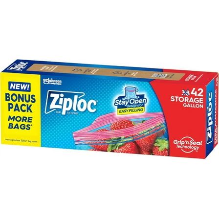 Ziploc Gallon Food Storage Bags, Stay Open Design with Stand-Up Bottom, Easy to Fill, 42 Count