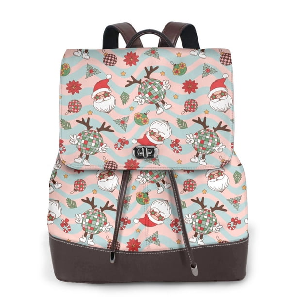 Balery Groovy Retro Santa Mochila de Cuero para Mujeres, Gran Capacidad, Bolsa de Viaje Multifuncional, Mochila de Cuero y Bolsa de Hombro para Mujeres