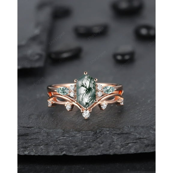 Long Hexagon Marquise Moss Agate Engagement Ring Set, Vintage Rose Gold Moss Agate Promise Ring Wedding Ring Bridal Set Gift for her