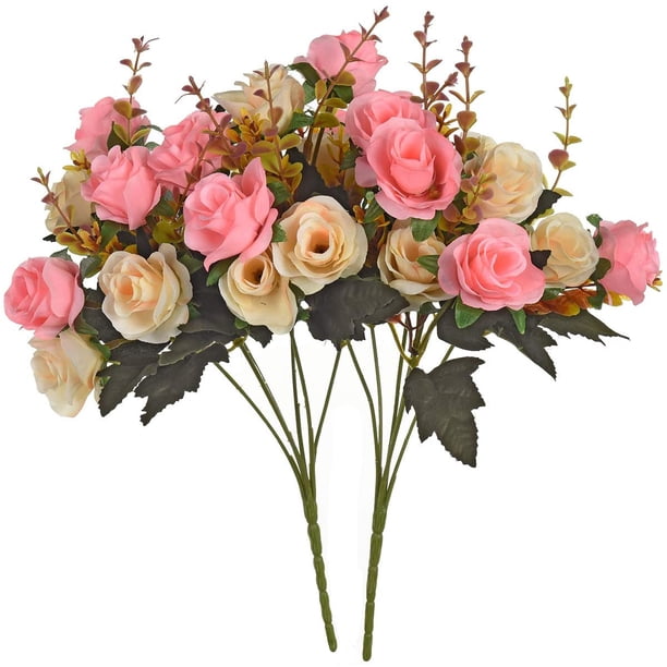 XmhyTop Flores artificiales, 2 paquetes de rosas artificiales, 24 pequeñas rosas de seda, flores de plástico, plantas para el hogar, hoteles, bodas, decoraciones de mesas navideñas, color rosa