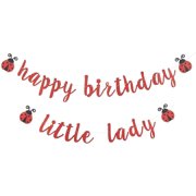Ladybug Theme Banner Happy Birthday Little Lady Banner Red Glitter Girl Baby Shower Birthday Party Backdrops 1st/2nd/3rd Birthday Decorations