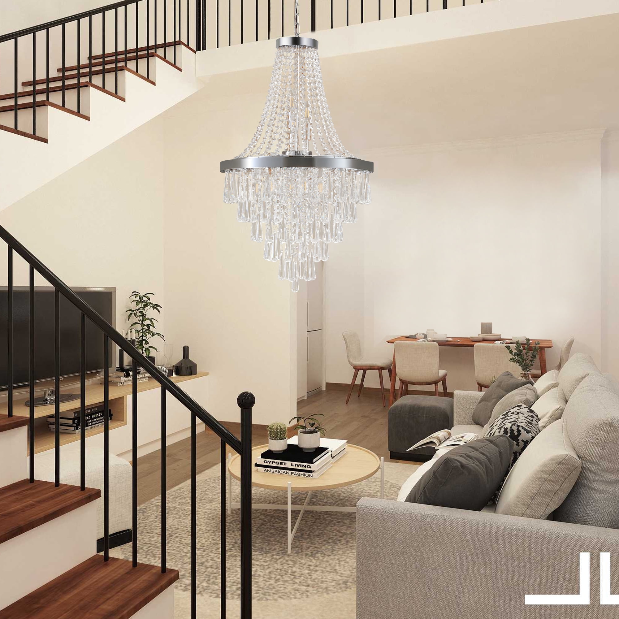 Jopath 20" Crystal Chandelier with Adjustable Height, 11-Light E12 Bulb Chrome Frame Pendant Light for Living Room, Dining Room, Staircase, (No Bulbs)
