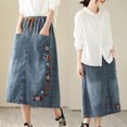 thumbnail image 4 of YUEJUIR Spring and Summer Half Skirt Elastic Waist A Line Skirt High Waist Embroidery Denim Retro Mid Length Style Slimming (Blue,L), 4 of 6