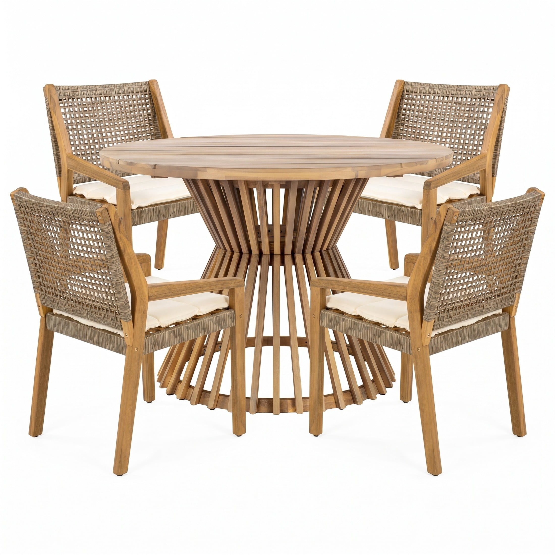 Christopher Knight Home 5-Piece Round Wood Patio Dining Set with Wicker Armchairs, Light Teak+Cream