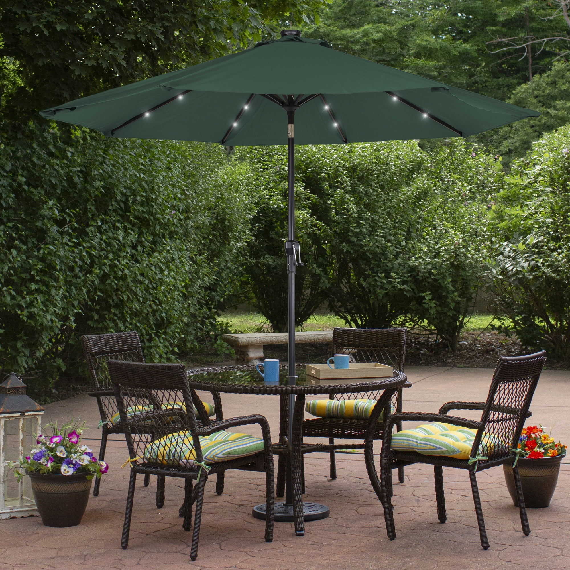 Northlight 9ft Solar Lighted Outdoor Patio Market Umbrella with Hand Crank and Tilt, Hunter Green
