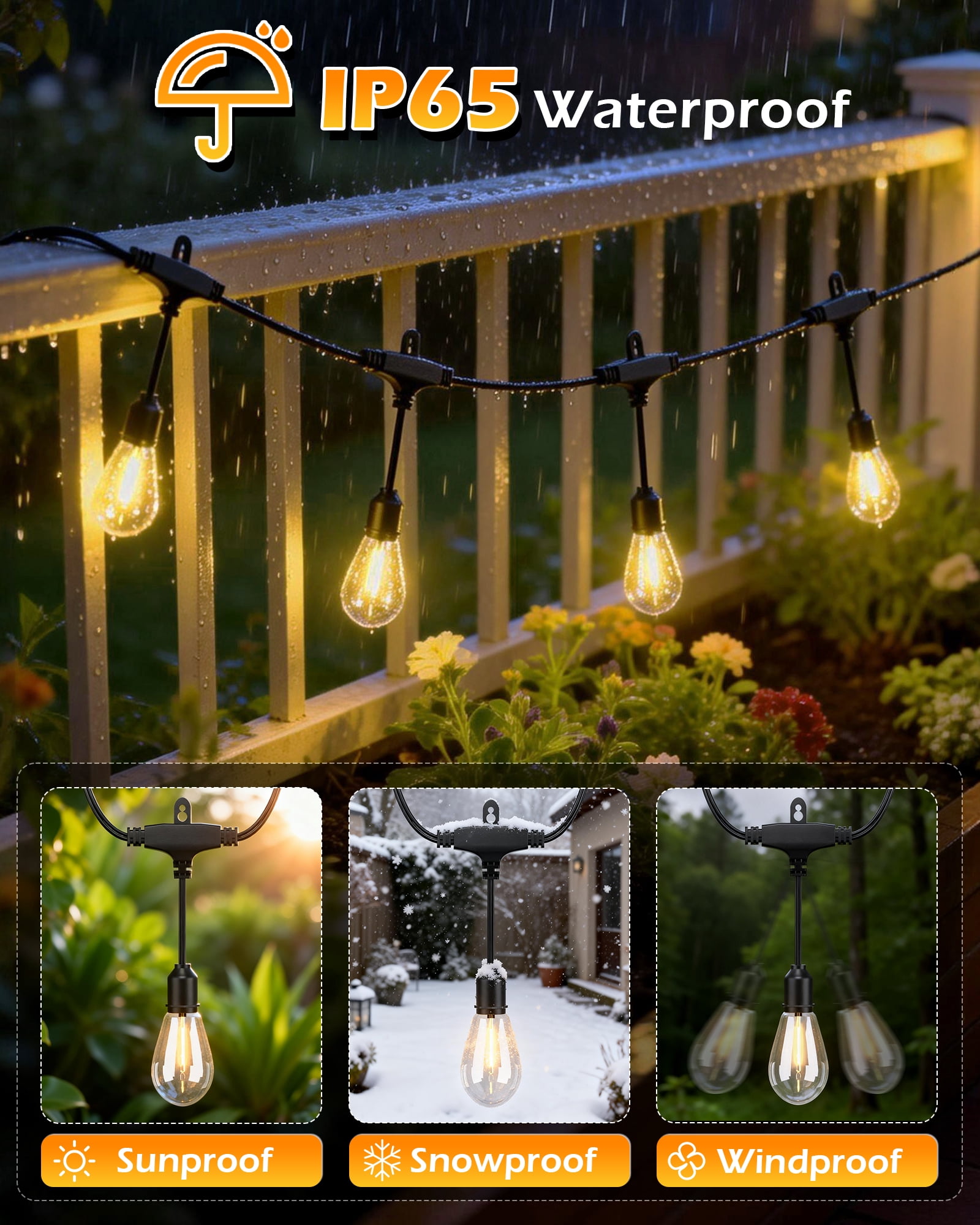 BeatiNeon Outdoor String Lights, 48 Feet S14 LED Patio Lights with 16 Edison Plastic Bulbs(1 Spare), Waterproof Connectable Hanging Lights for Backyard Porch Balcony Party Decor,E26 Socket Base