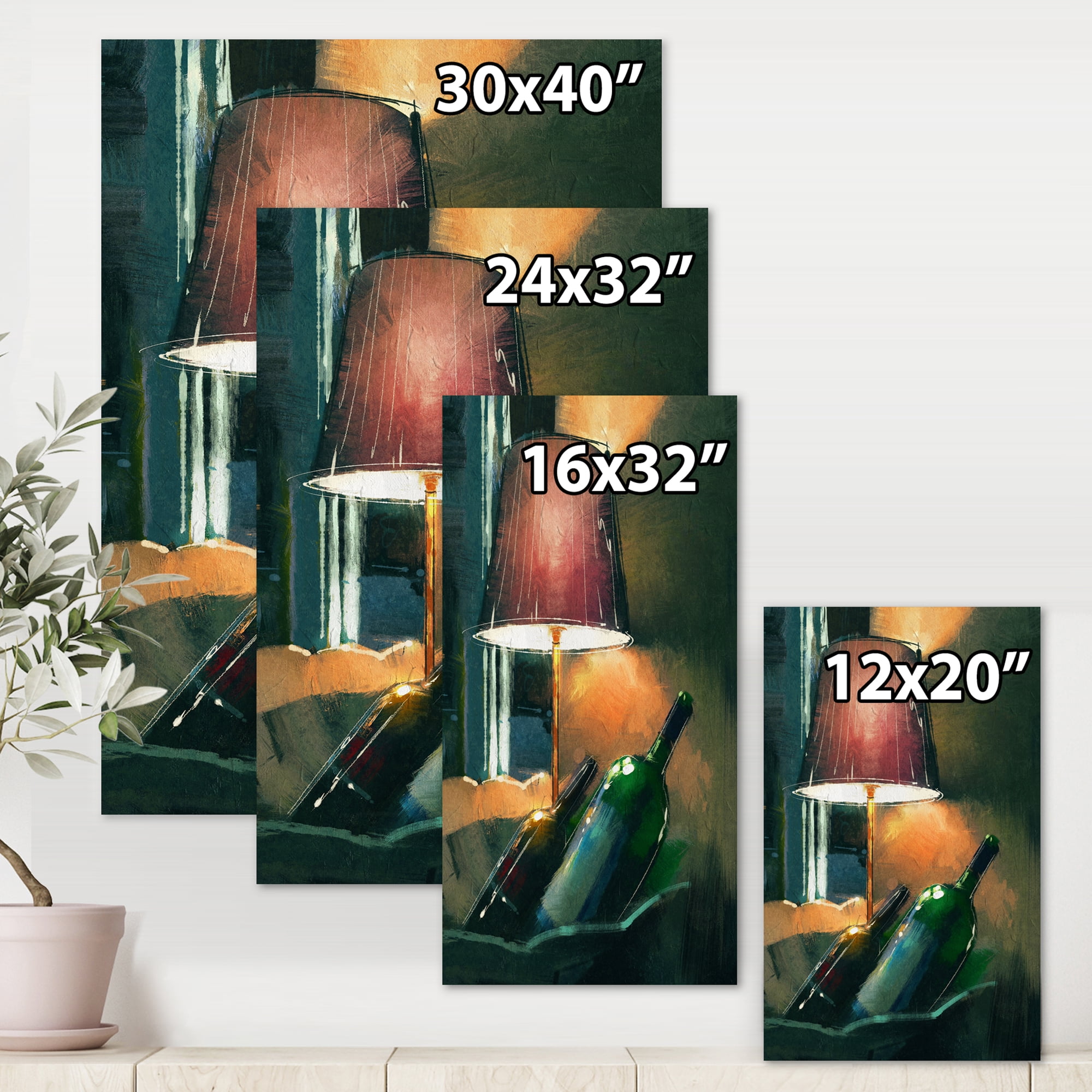 Designart ' Lamp Glowing Orange In The Night and Wine Bottles ' Modern Canvas Wall Art Print