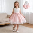 thumbnail image 2 of Ashirexll Robe en Dentelle Sans Manches pour Filles Adorable à Blocs de Couleur en Maille Surdimensionnée avec Nœud Col Rond Confortable Rose 5-6 Ans, 2 of 7