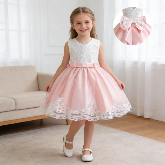 Amidoa Girls Summer Dresses Flowy Sleeveless A-Line Dresses Mesh Bow Casual Midi Sundress Pink Size 2T