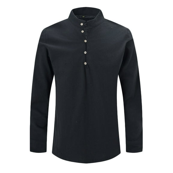 Nmnitkp Men's Linen Roll Up Long Sleeve Shirt Cotton Casual Beach Shirts Henley T-Shirt Band Collar Vacation Tops High-Quality and Healthy Fabric Men's Long Sleeve Shirt