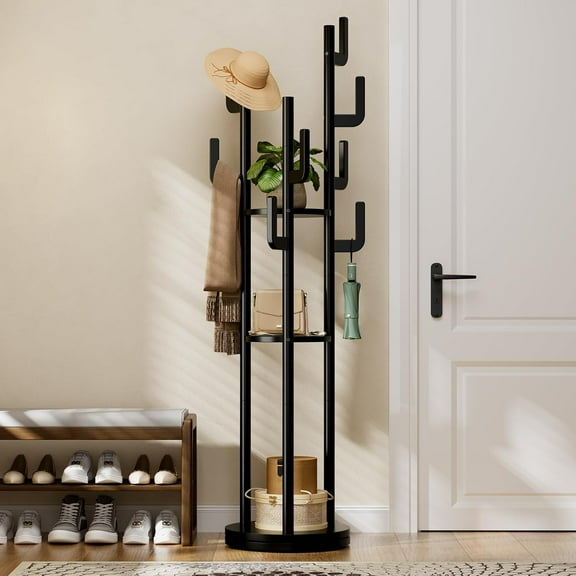 Syvvy Rotary Coat Rack Freestanding - Solid Wood Coat Tree with 9 hooks & 3 Storage Shelves for Purse, Bag, Jacket, Hat, Corner Hanger Stand Racks for Hall, Entryway, Office, Modern Clothes Holder
