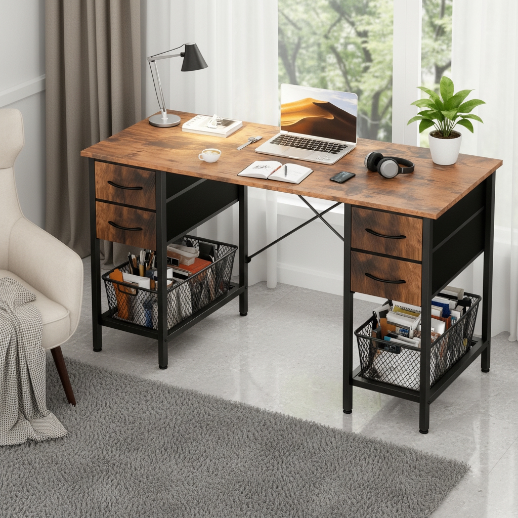 CONCETTA 47 Inch Computer Desk with 4 Drawers & Mesh Shelf, Large Desktop,Storage Desk for Home Office, Gaming & Study, Flexible Setup, Rustic Brown