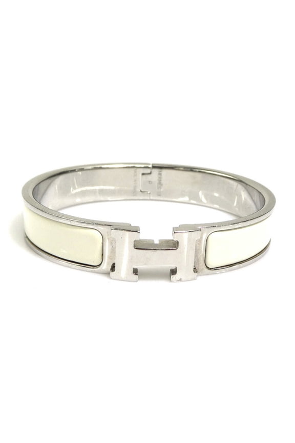 Pre-Owned Hermes Herms Click-Clack Metal Enamel Bangle Bracelet in Silver and Off-White for...