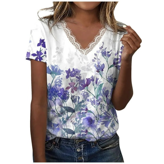 Patlollav Blouses Womens Summer Lace Patchwork Short Sleeve Sexy Tops