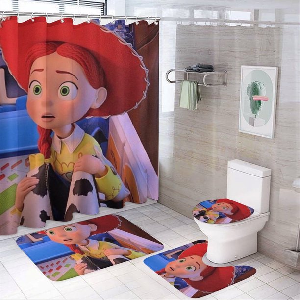 Juego de 4 cortinas de ducha decorativas para el hogar de Toy Story, kit de accesorios con alfombra antideslizante, tapa de inodoro y tapete de ducha, cortina de ducha impermeable con 12 ganchos