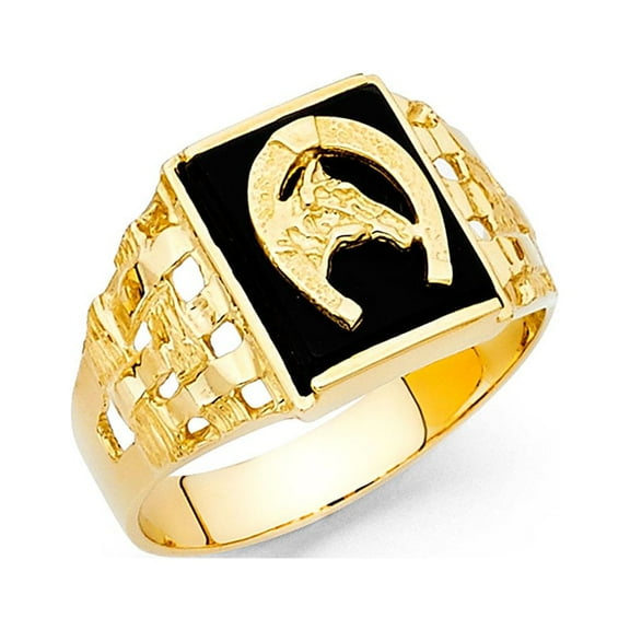 Horse Head Horseshoe Ring Solid 14k Yellow Gold Black Onyx Band Good Luck Mesh Stylish Fancy, Size 10