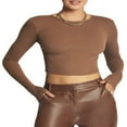 thumbnail image 3 of Femmes Manches Longues Crop Tops Col Rond Slim Fit Tops Exposés Bas de Nombril Chemises, 3 of 7